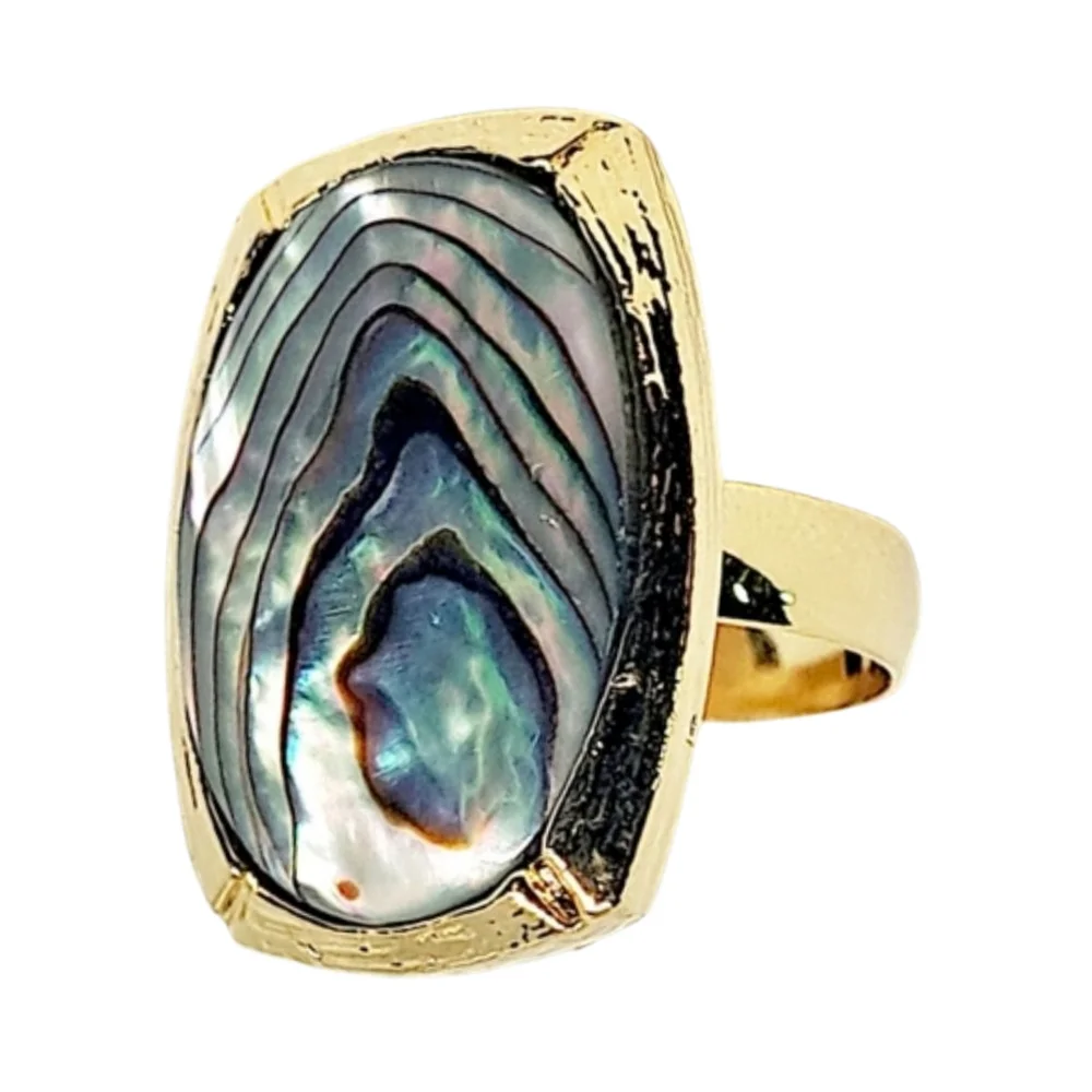 Gold Tone Adjustable Ring with Abalone Shell Inlay